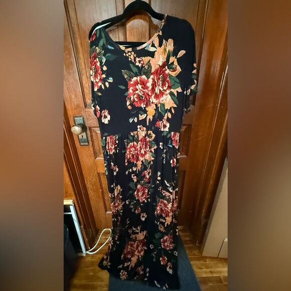 Longyuan Maxi Dress 3XL Plus Size Short Sleeve Jersey Knit Stretch Black EUC - Picture 2 of 5